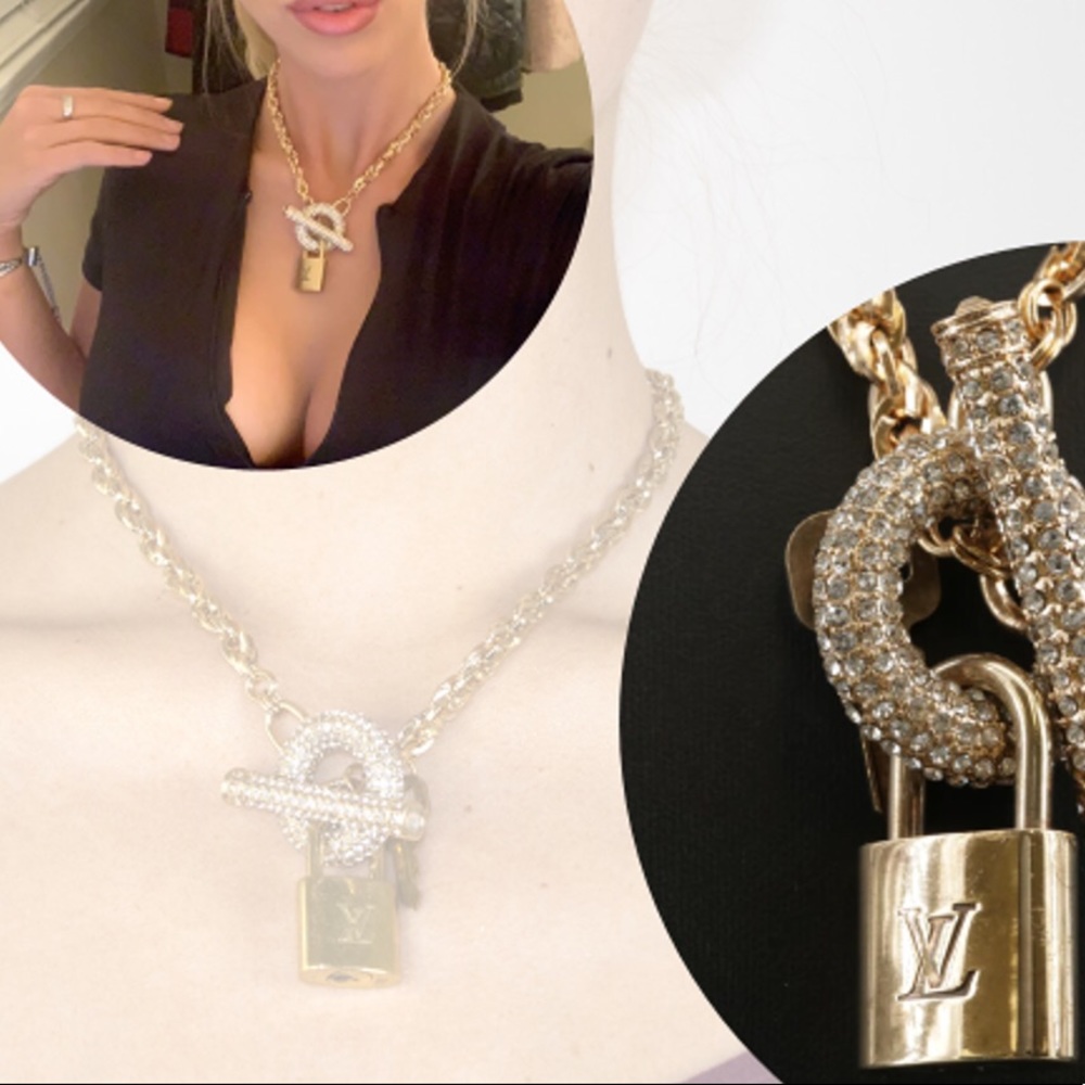 Auth Louis Vuitton Lock on a Gold Rhinestone Pave Necklace